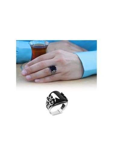 Markazit Taş İşlemeli Siyah Bombeli Oniks Taşlı 925 Ayar Gümüş Erkek Yüzük