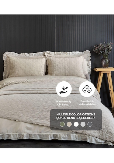 Evlen Home %100 Pamuk Çift Kişilik Özel Taş Yıkama Nevresimli Yatak Örtüsü Seti 7 Parça Yumuşak Barbara Bej