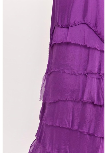 İtalyan 2 Beden İnce Gösteren Yarım Kol Kat Kat Ipek Elbise Mor