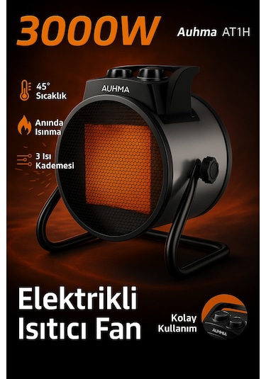 Auhma At1h Elektrikli Isıtıcı Fan Gri 3000w Hızlı Isınma, 3 Kademeli Ayar, Sessiz Ptc Isıtma Tekno