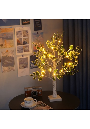 Yunboo 60cm 24led Kahverengi Ağaç Işığı - Yeşil Yaprak Beyaz Kenar, Isınak Beyaz Işık - Ev Dekorasyonu, Noel Partisi, Oda Aydınlatma Diğer