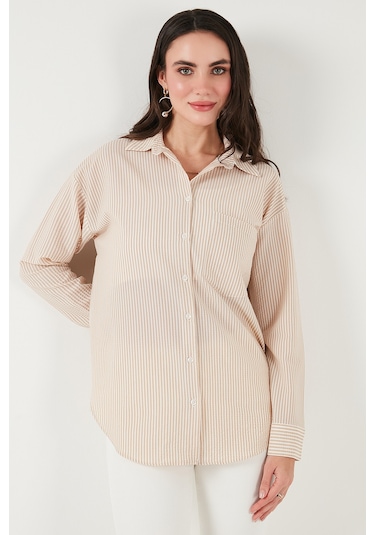 Lela Regular Fit Uzun Kollu Cepli Çizgili Bayan Gömlek 6772895 Taş