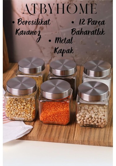 Atbyhome Metal Kapaklı 6'lı Borosilikat Cam Kavanoz Baharatlık 570 ML