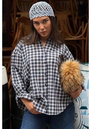 Madmext Lacivert Oversize Kareli Kadın Gömlek Mg2822