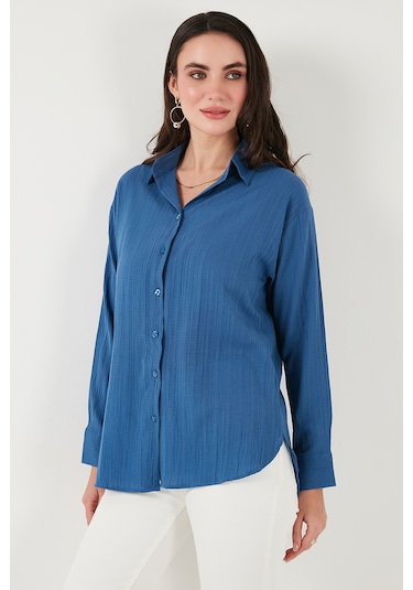 Lela Regular Fit Uzun Kollu Dokulu Bayan Gömlek 6772799 Indigo