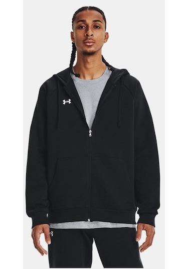 Erkek UA Rival Fleece Tam Boy Fermuarlı Kapüşonlu Üst 1379767-001 Siyah - Beyaz