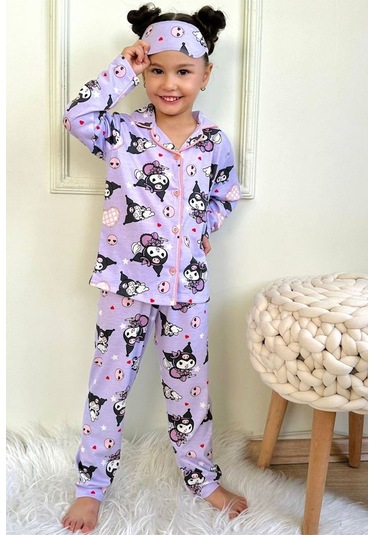 Kuromi Kız Çocuk Gömlek Yaka Düğmeli Uzun Kol Pijama Takımı Lila
