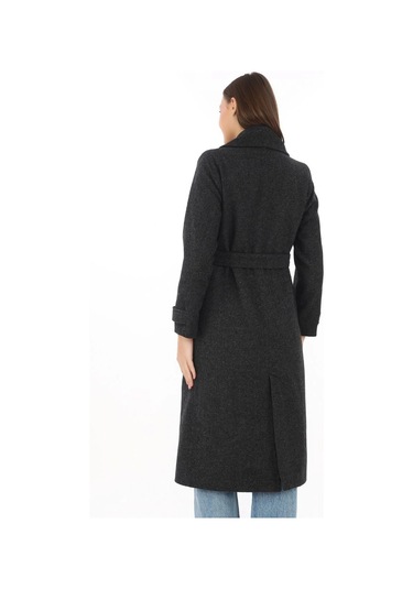 Premium Kadın Kaşe Kaban Uzun Boy, Balık Sırtı Yünlü Kaşmir Dokuma, Kruvaze Kuşaklı Astarlı - Siyah Siyah