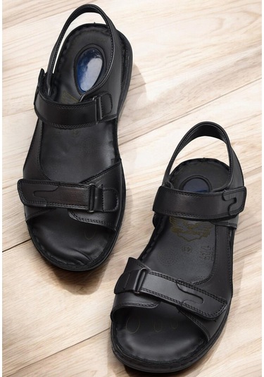 088 Topuk Jelli Tam Ortopedik Taban Hakiki Deri Erkek Sandalet Cırtlı Sandalet Siyah