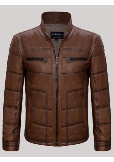 Hakiki Kuzu Derisi Kahverengi Erkek Deri Mont Işlemeli Deri Ceket Kahverengi