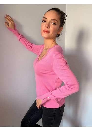 Ali Butik Pembe V Yaka Kol Detaylı Triko Pembe