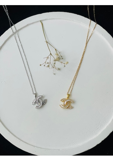 Zirkon Taşlı Su Yolu Model Marka Chanel Çelik Kolye Altın - Gümüş