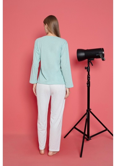 Kadın Penye Sıfır Yaka Uzun Kollu Pijama Takımı SU YEŞİLİ