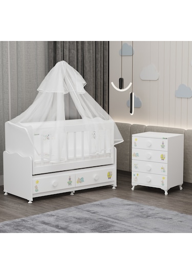 Elegant Mdf Çıtalı Beşik + Şifonyer Yatak Uykuseti - Ayıcık Beyaz
