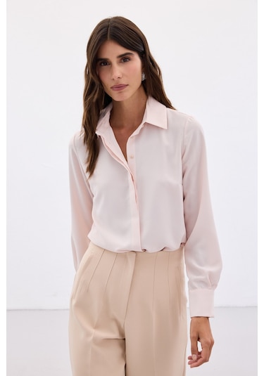 Sateen Klasik Düz Gömlek - Pudra-123674 Pudra