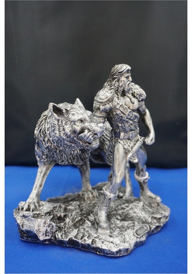 Tyr Savaş Tanrısı Heykeli - Kurtlu Try Biblo - 26 Cm Mitolojik Obje Hediyelik Dekor Gümüş