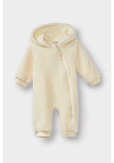 Defacto Kız Bebek Yenidoğan Kapüşonlu Fermuarlı Pelüş Tulum D6019a525wner233 Ekru