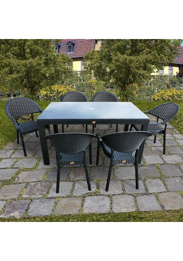 Bambu Siyah 90x150 Cm Camlı Rattan Bahçe Balkon Masa Takımı Siyah