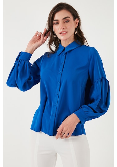 Lela Regular Fit Dikiş Detaylı Düz Yaka Balon Kol Bayan Gömlek 611Go00003 Saks