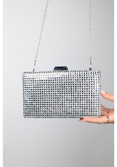 Luvishoes Gomeda Gümüş Kare Taşlı Kadın Abiye Çanta Gümüş