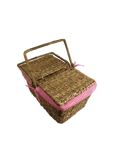 Hasır Rattan Örme Piknik Sepeti Dikdörtgen Ekoseli 18795 Sarı