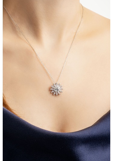 Işıltı Güneşi 18 Ayar Beyaz Altın Kaplama 45 Cm Gümüş Kolye Beyaz