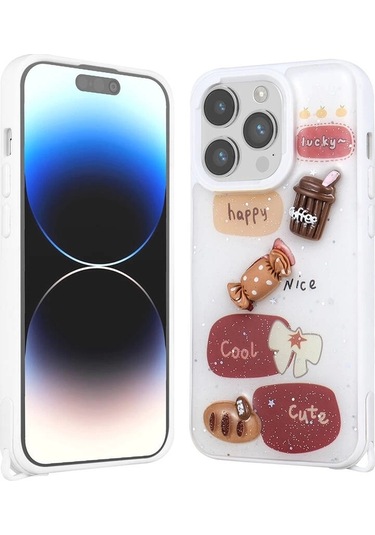 İphone Uyumlu 14 Pro Kılıf Parlayan Sıvılı Simli Kabartma Figürlü Zore Cevze Kapak