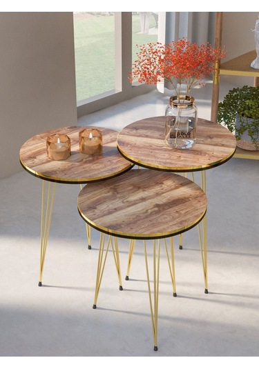 Zigon Sehpa Ve Orta Sehpa Elips Set Çift Gold Ceviz Tel