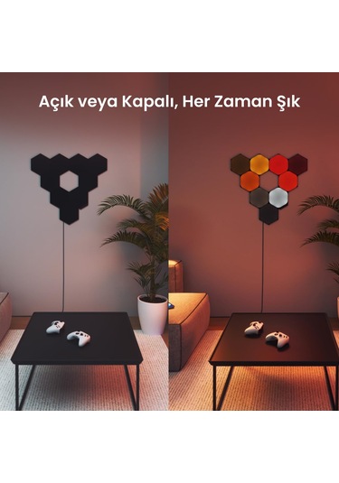 Nanoleaf Altıgen Akıllı Rgbw Duvar Paneli Başlangıç Paketi App Kontrollü, 9 Parça, Siyah, Google Hom RGB