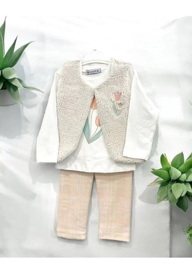 Cantoy Kız Bebek Peluş Yelekli 3 Lü Pantolonlu Takım-15067 Krem