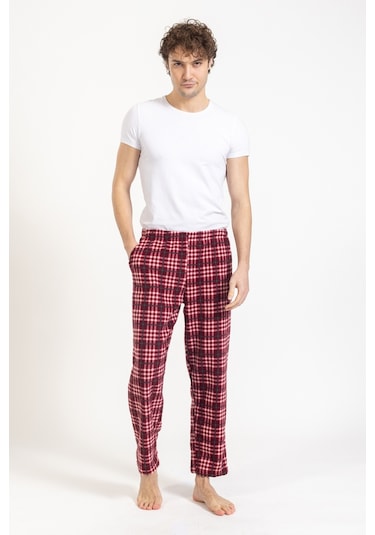 Erkek Polar Kışlık Eşofman Alt Desenli Tampap Polar Alt- 1005 Kırmızı