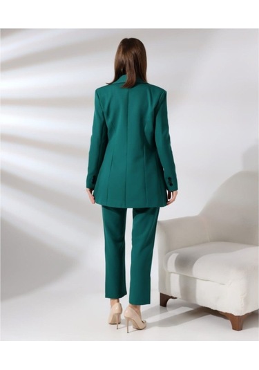 Kadın Kruvaze Blazer Ceket Pamuklu Atlak Kumaş Pantolon Takım Elbise Koyu Yeşil Koyu Yeşil