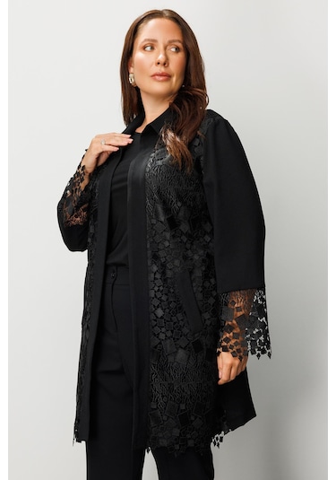 Moda İlgi Kadın Büyük Beden Önü Güpür Dantelli Tunik 0256 Siyah Siyah
