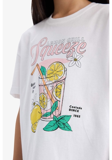 Defacto Kız Çocuk Relax Fit Bisiklet Yaka Baskılı Kısa Kollu Tişört E0389a825smwt34 Beyaz