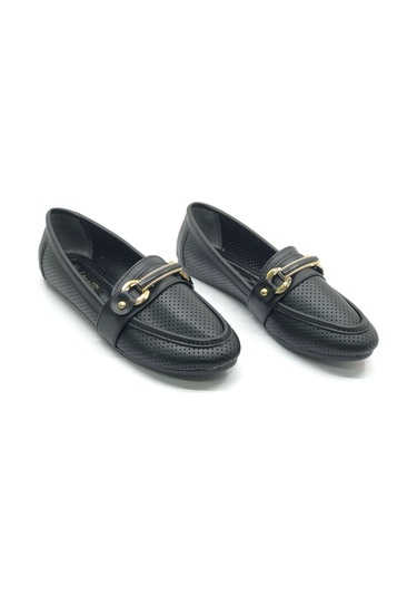 Mehtap Toka Detaylı Delikli Düz Taban Kadın Babet Ayakkabı Siyah