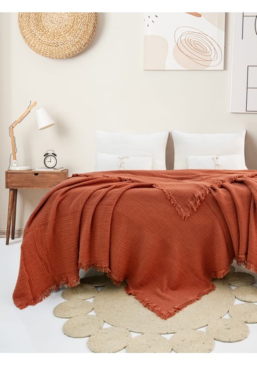 4 Katlı Müslin Yatak Örtüsü - Kiremit Renk Çift Kişilik Pike