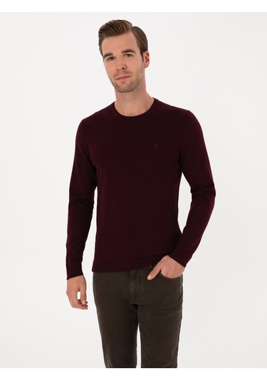 Cacharel Açık Bordo Slim Fit Yün Karışımlı Bisiklet Yaka Basic Triko Kazak