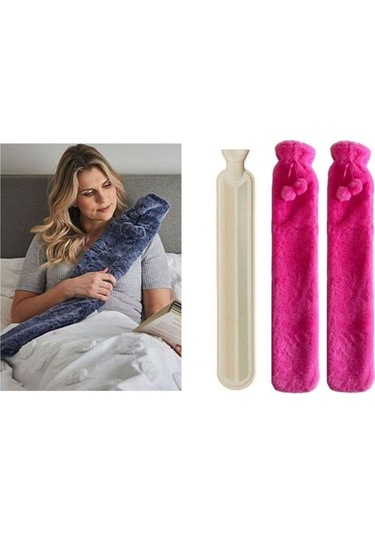 Sıcak Su Torbası 2 Adet,boyun Ve Omuz Icın Uzun Peluş Pembe Ponponlu 2lt Termofor 75x13cm Pembe