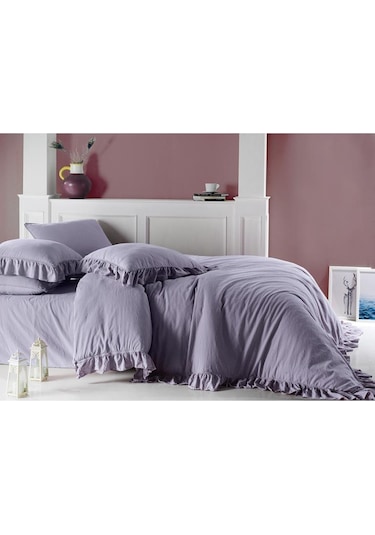 Fırfırlı Stonewash Cotton Nevresim Takımı 200x220 Lila