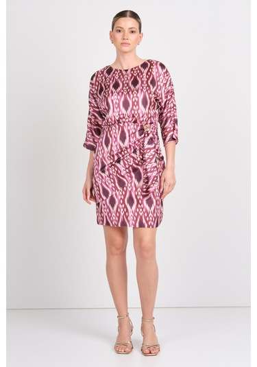 Explosion Kadın Desenli Belde Toka Detaylı Mini Elbise 7874 Bordo Bordo