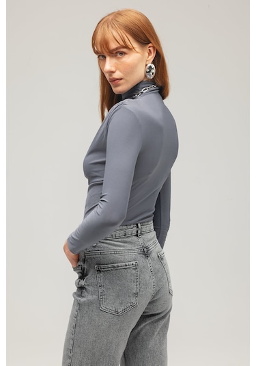 Saade Sââde Kadın Drapeli Boğazlı Uzun Kollu Örme Bluz - Slim Fit Antrasit