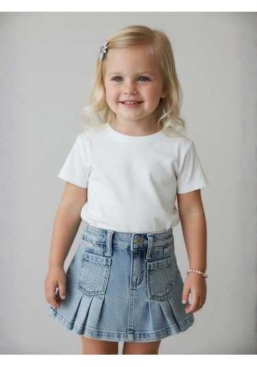 Zekids Kız Bebek Taşlı Cepli Pileli Jean Etek-16879 Mavi