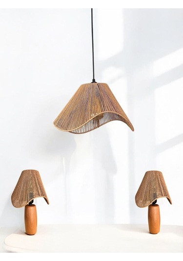 Hasır El Yapımı Bohem Asimetrik Şekilli Avize 2 Li Ahşap Ayaklı Rustik Abajur Set Kahverengi