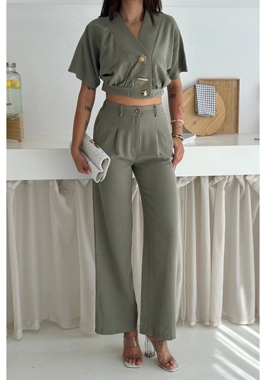 Düğme Detaylı İkili Takım Haki Haki