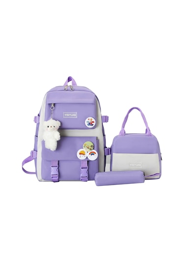 Yeiuyi Öğrenci Okul Çantası Öğle Yemeği Çantası Kalem Çantası Üç Parça Seti Mor