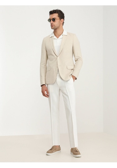 Kip Bej Çizgili Slim Fit Pamuk Karışımlı Ceket 001