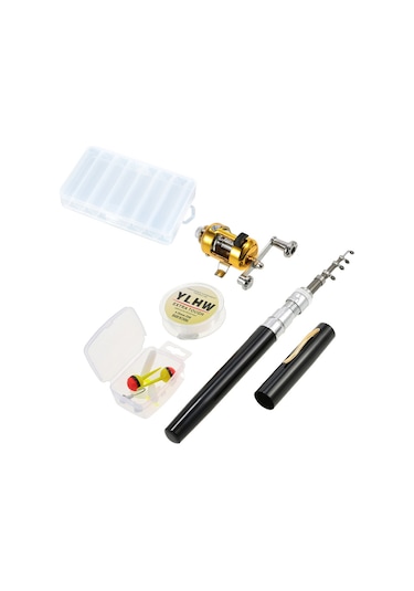 Mufunye Cep & Kalem Olta Kamışları + Mini 5 Parça Set Yem, Misina, Kutu - Siyah