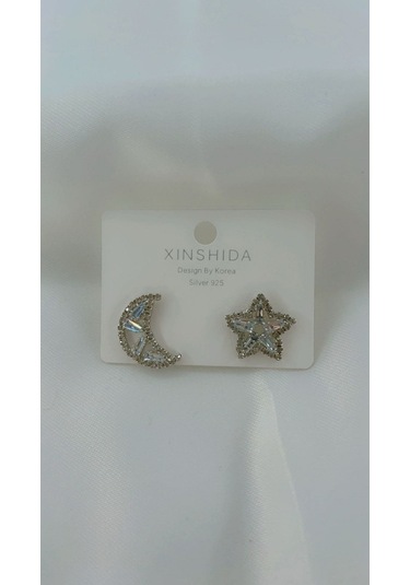 Kadın Ay Yıldız Model Küpe Gümüş Renk Gümüş