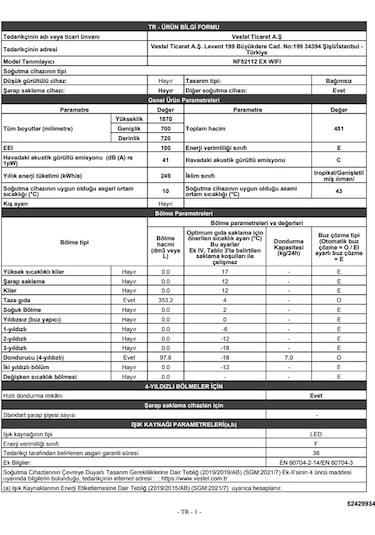 Vestel NF52112 EX WIFI 451 LT No-Frost Çift Kapılı Buzdolabı