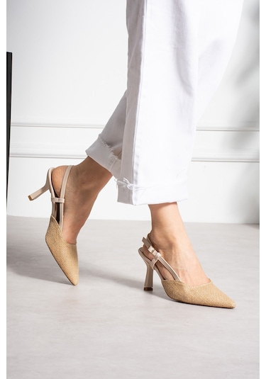 Shoetek Garva Kadın Stiletto Yandan Bantlı Topuklu Ayakkabı Hasır Bej
